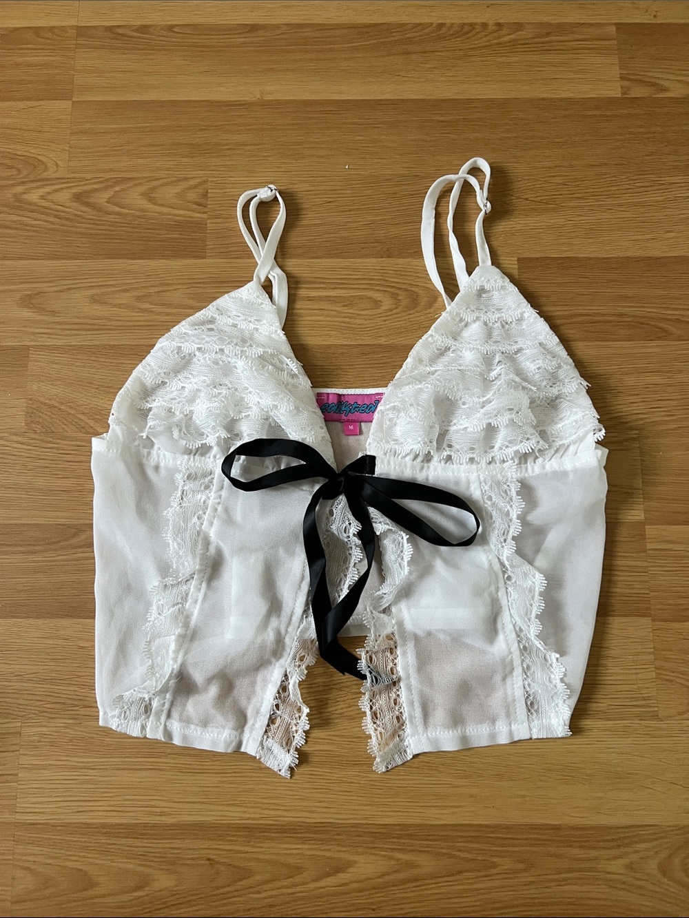 Edikted White Lace Bralette with Black Ribbon Tie